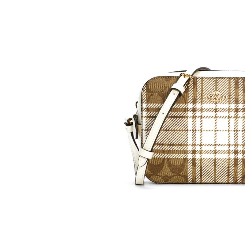 Coach Camera 18 Checkered Pattern Canvas Crossbody Bag Small Women bags Brown White C0038-IMLOT