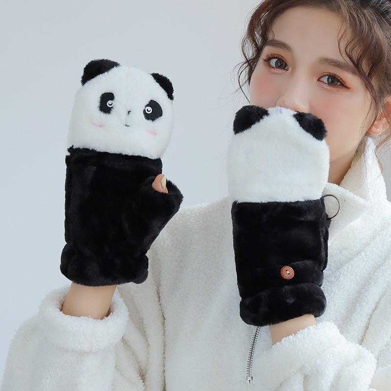 Winter ladies cute cartoon gloves half finger flip panda plush thickened warm full finger dual-purpose gloves