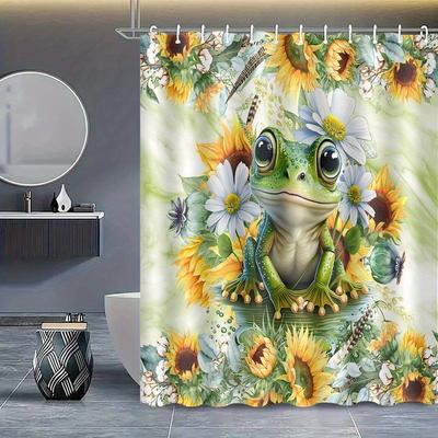 Süßer Frosch Duschvorhang Sonnenblume und Gänseblümchen Kunst Garten Dekoration Natur Thema Wasserdichtes Gewebe Duschvorhang Set Zuhause