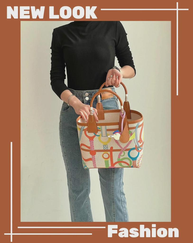 2025 Handmade Genuine Leather & Canvas Tote - Colorful Women's Garden Shopping Bag
