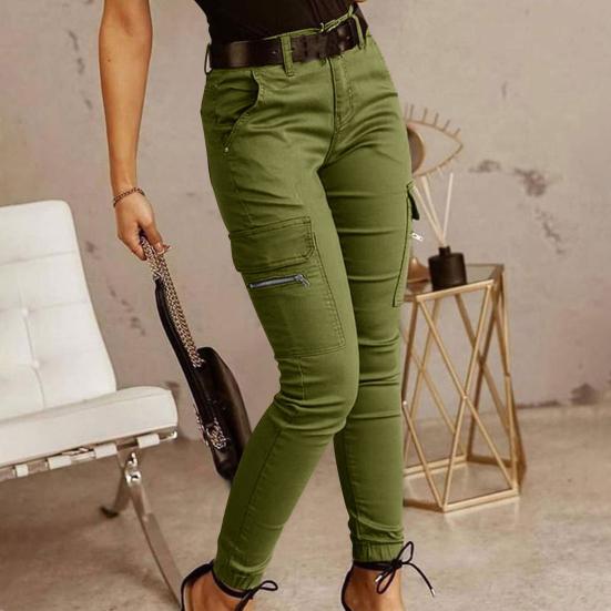 Damen Cargohose Unifarbe Mittelhoch Knopf Reißverschluss Verschluss Lässige Hose Mehrere Taschen Design Elastische Bündchen Lange Hose