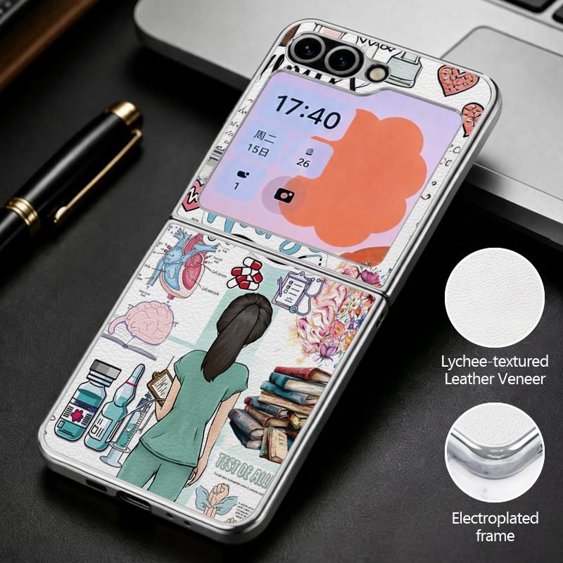 Cute Nurse Uniform Print Case For Samsung Z Flip 8 7 6 5 Luxury Plating Leather Skin Folding Phone Cover For Galaxy Z Flip8 Flip7 Flip6