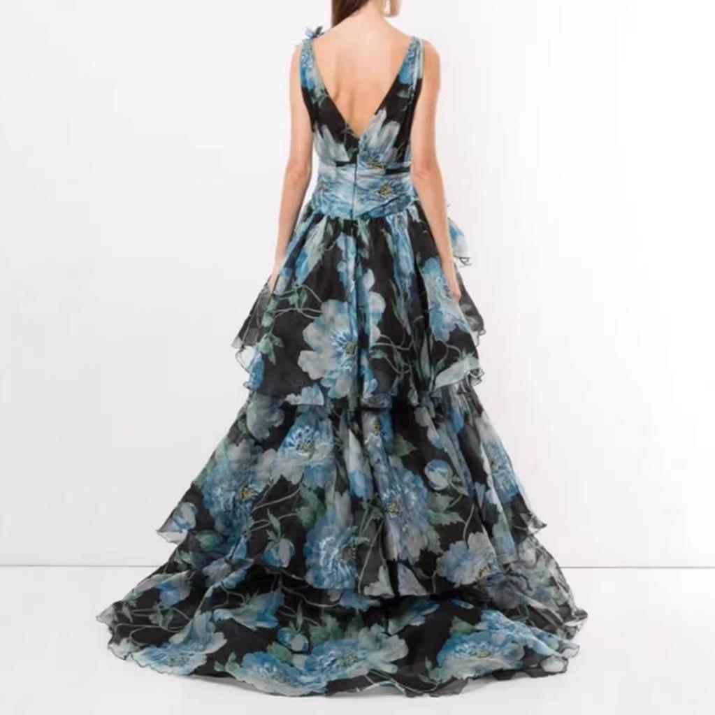 New Spring and Summer Off-the-shoulder European and American Women's Clothing Fashion Chiffon Printing Fairy Long Temperament Evening Dress Dress