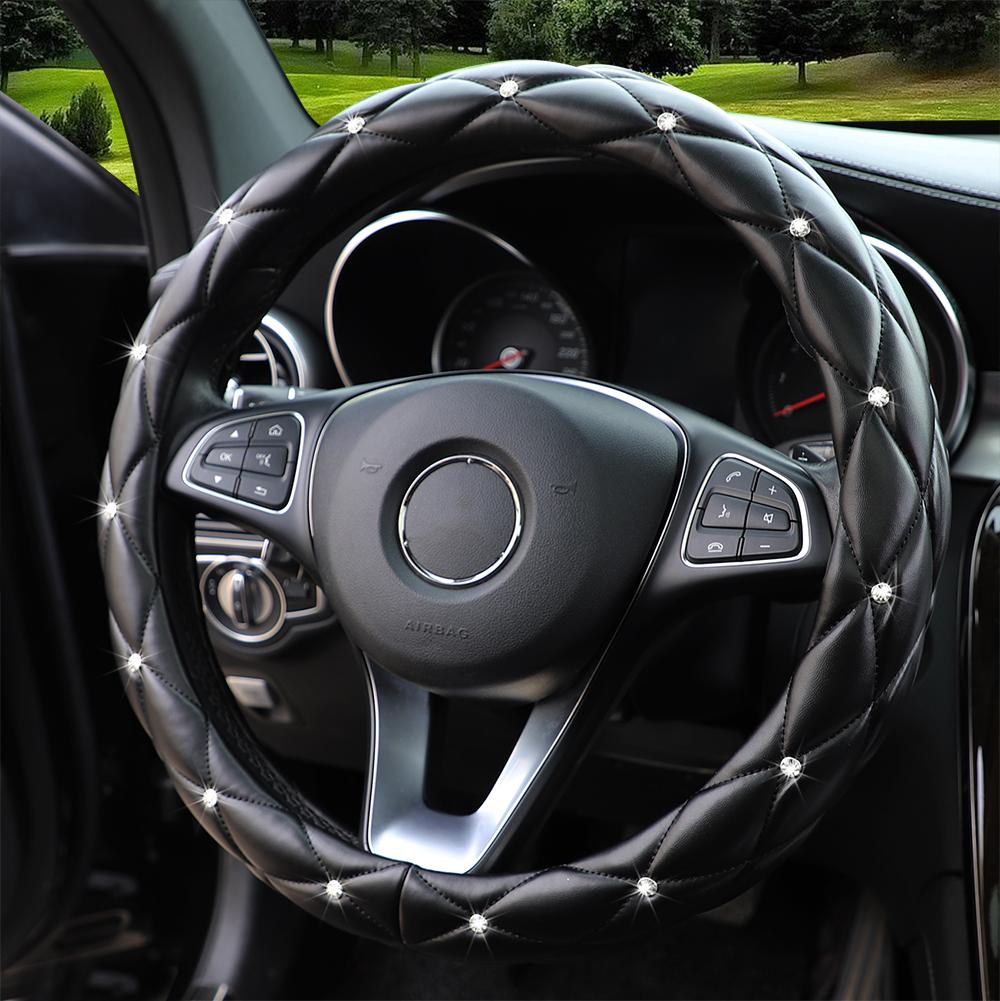 Soft Leather Embroidered Stereo Diamond-studded Car Steering Wheel Cover with Inner Ring Fits 14.5-15 Inches