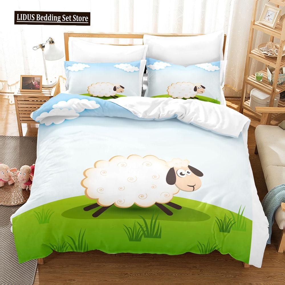 Cartoon Goat Duvet Cover Set Cute Kawaii White Goat White Background King Queen Size For Girls Boys Gift Polyester Bedding Set