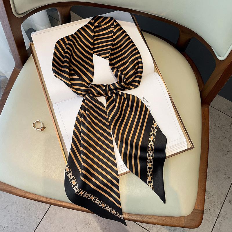 New Striped Printed Imitation Silk Fashion Early Autumn Decorative Small Scarf Winter Warm Scarf Headband Tie Pack