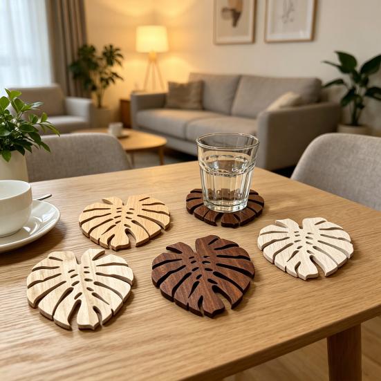 5Pcs Tropical Leaf Coasters Wooden Drink Mats for Kitchen Bar Table Protection Monstera Shape Heat-Resistant Mat Rustic Home Decor Holiday Party