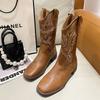 Autumn and winter thick heel versatile western cowboy boots embroidered sleeve knight boots retro medium tube square boots