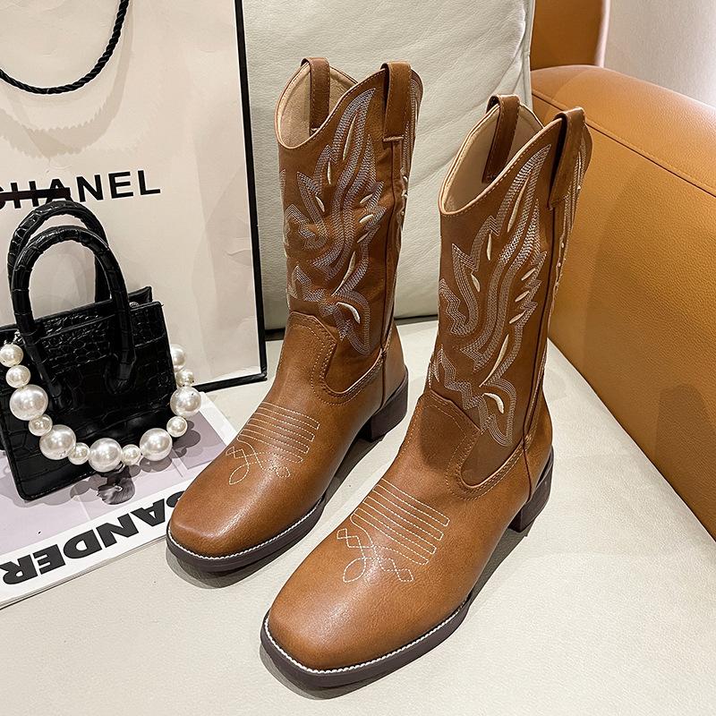 Autumn and winter thick heel versatile western cowboy boots embroidered sleeve knight boots retro medium tube square boots