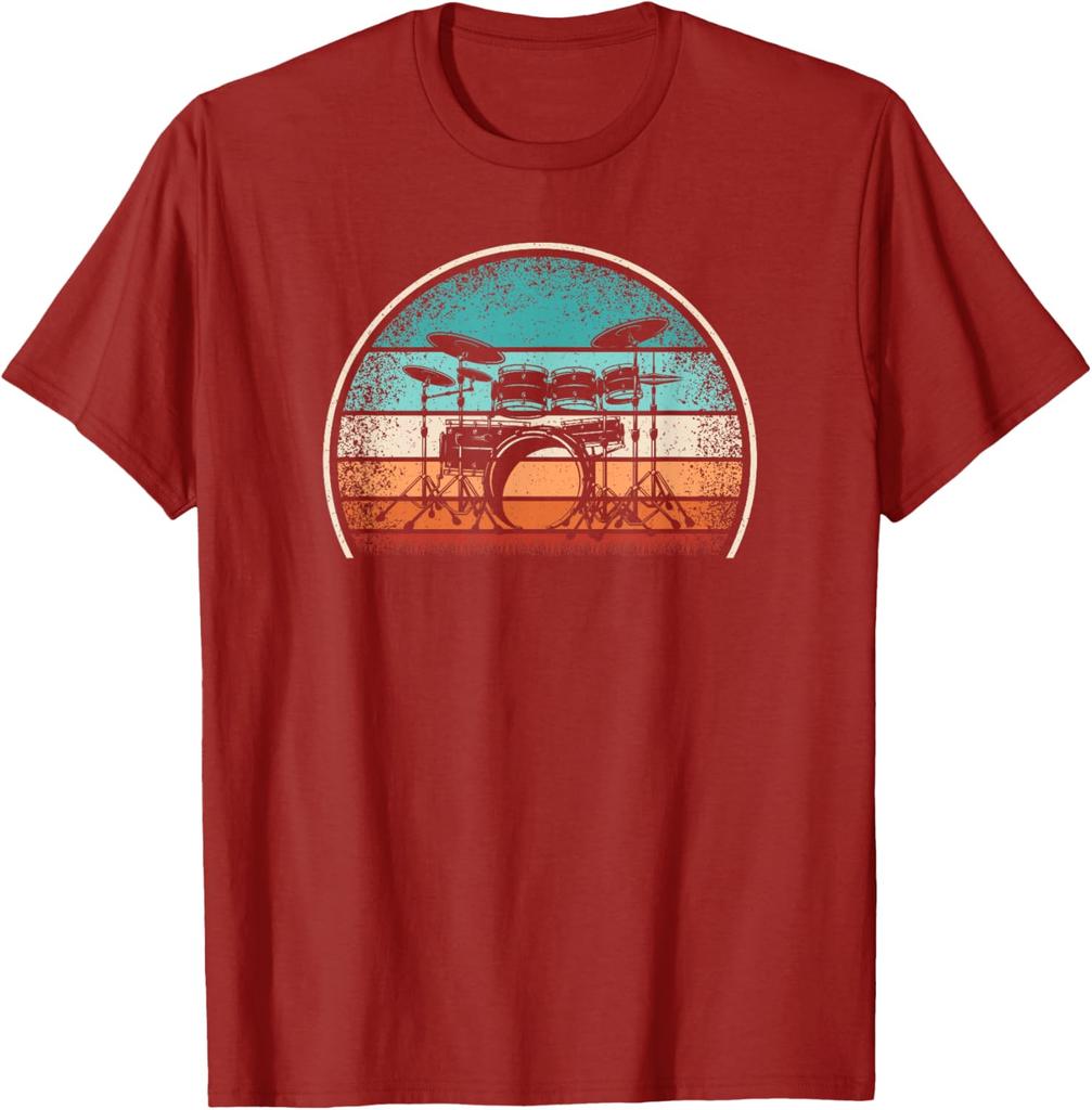 Retro Drum Set Drummer Vintage Sunset Graphic Tee Casual Cotton T-Shirt for Music Lovers