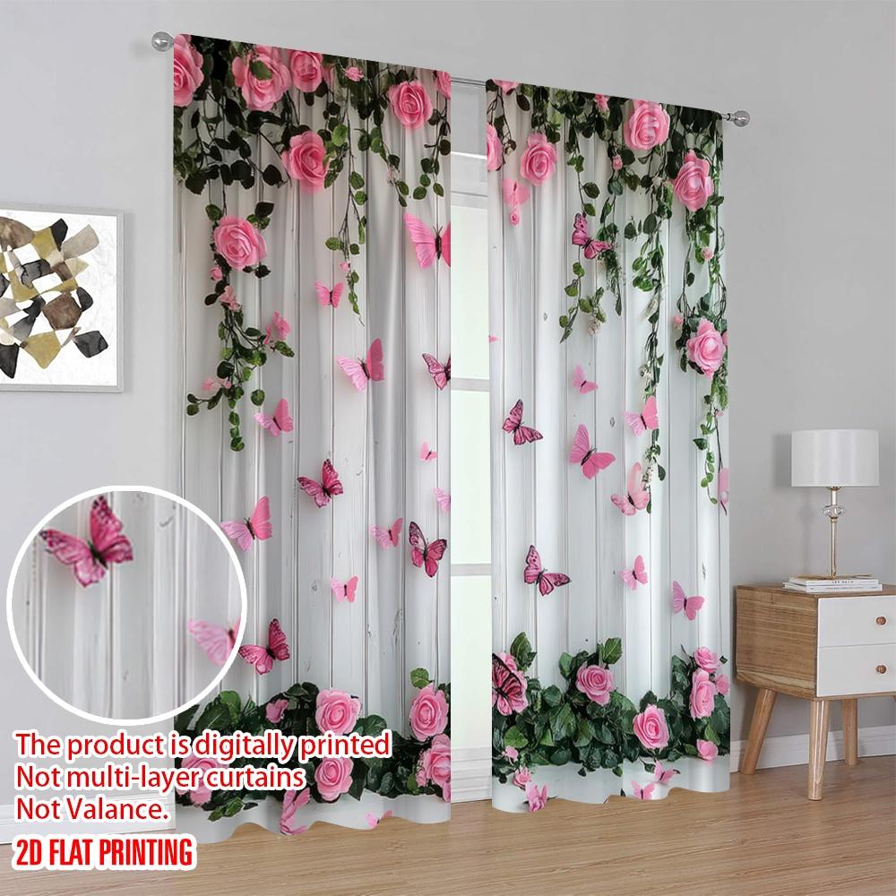 Set Of 2 Flat Printing Curtains Butterfly Pink Rose Versatile Durable Polyester Without Electricity Party Decorations Curtain