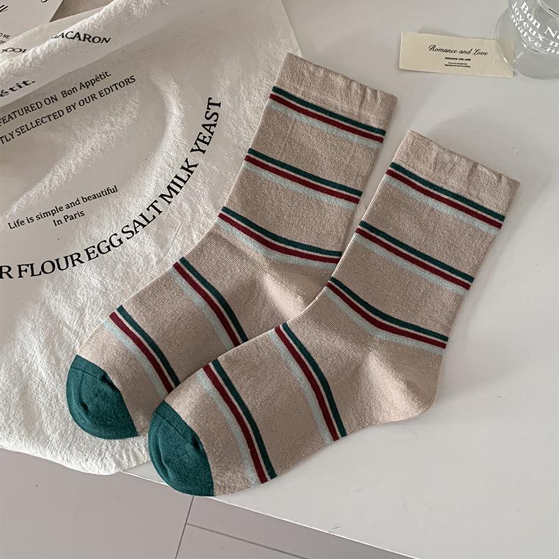 Retro Maillard Coffee Striped Mid-Calf Socks for Women - Autumn/Winter Academic Style Fashion Block Korean Loose Fit.