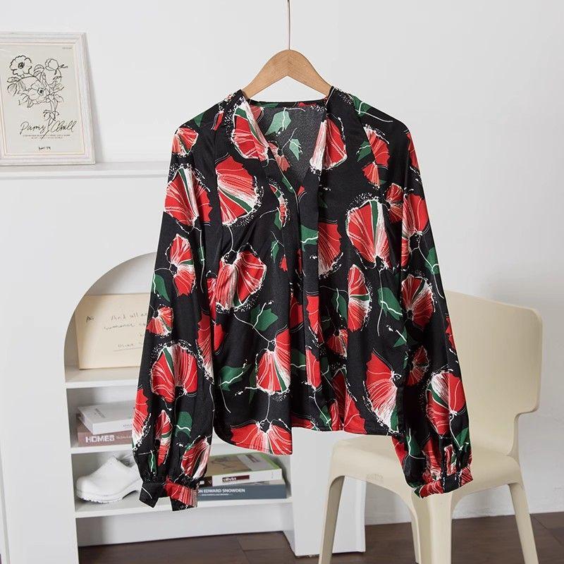 

Upper Body Super Elegant ~ Commuting Intellectual | Tie-Neck Long sleeve Gloss Imitated Silk Fabric Satin Print Shirts Women s Top Temperament Black M