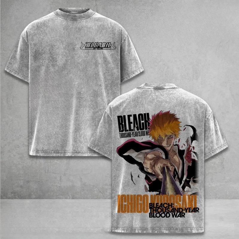 BLEACH Kurosaki Ichigo Printed Tee Men Women Washed Cotton T-shirts Manga Vintage T Shirt Harajuku Unisex High Quality Tshirt S