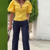 2024 Summer European & American V-neck Puff Sleeve Top with Straight Leg Jeans Set