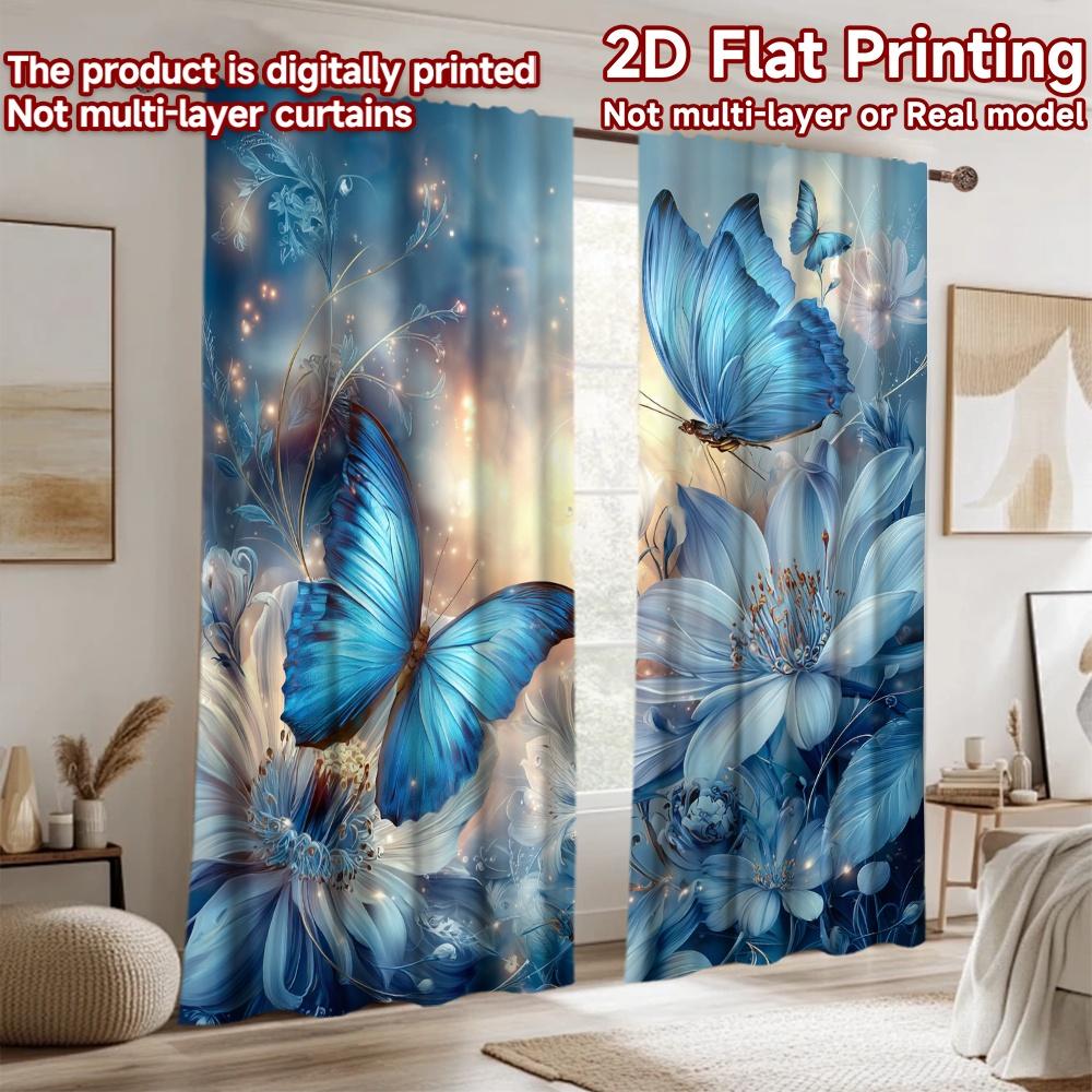 2D flat printing 2pcs Party Curtain Blue Butterfly Flower Fantasy Digital Printed Polyester Drapes Party Decorations for Bedroom
