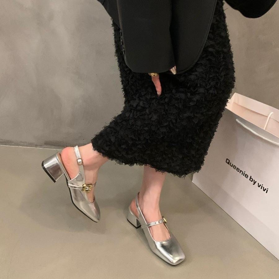 French red bag head sandals women's shoes 2025 new summer square head medium high heel silver Mary Jane single shoes