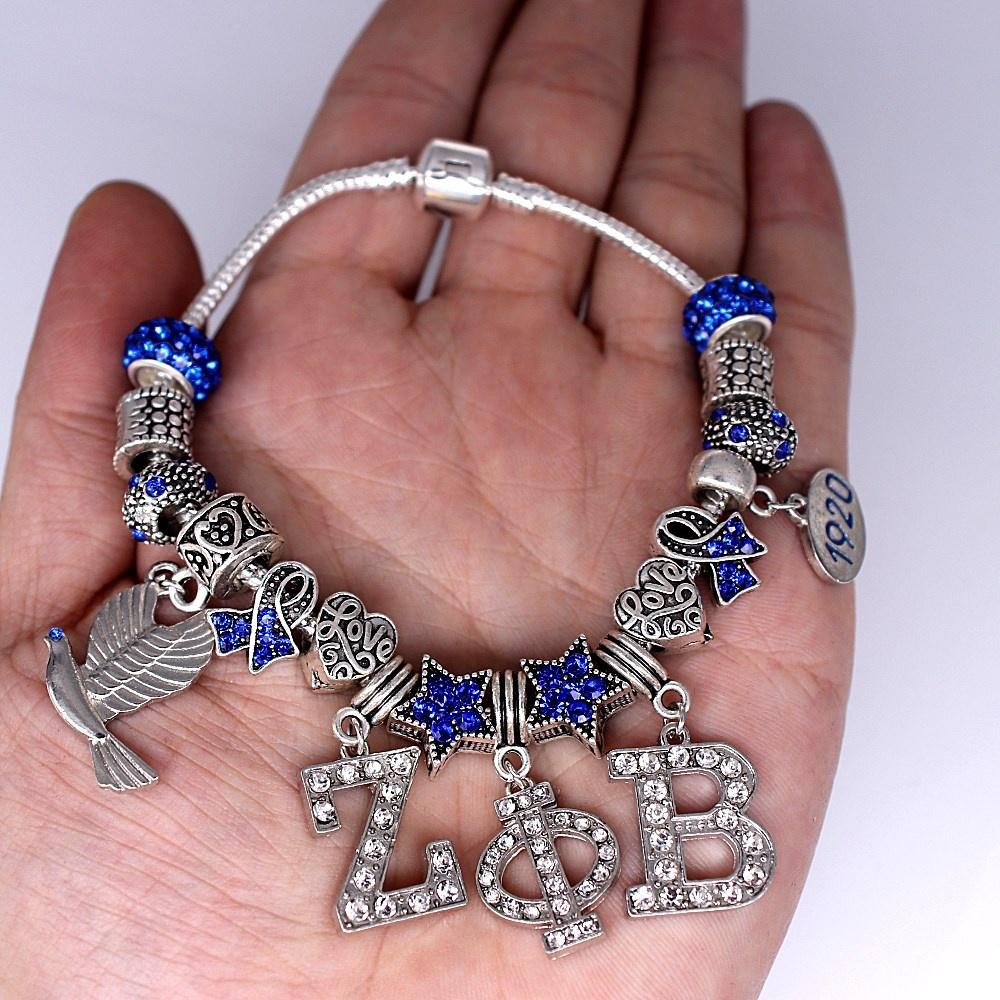 European Styles Big Hole Beads Greek Letter 1920 Finer Women Group Sorority Zeta Phi Beta Bracelet Jewelry for Gift