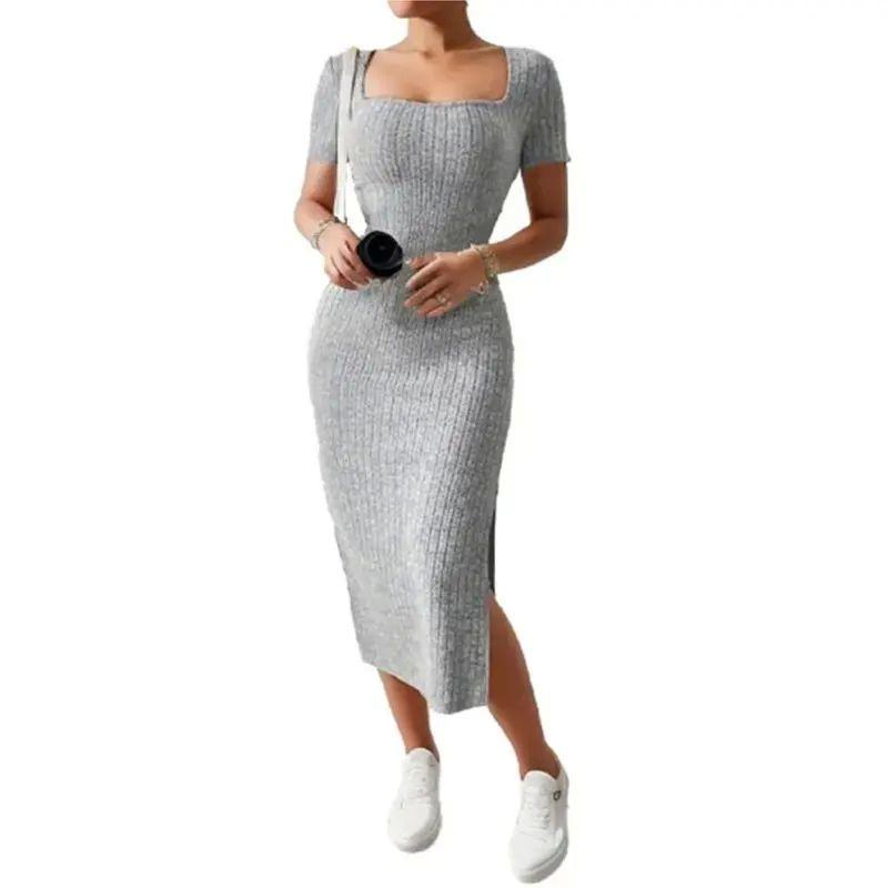 Women's Square Neck Split Hip Dress Square Collar Slim-Fit Slit Hip-Wrapped Dress Female