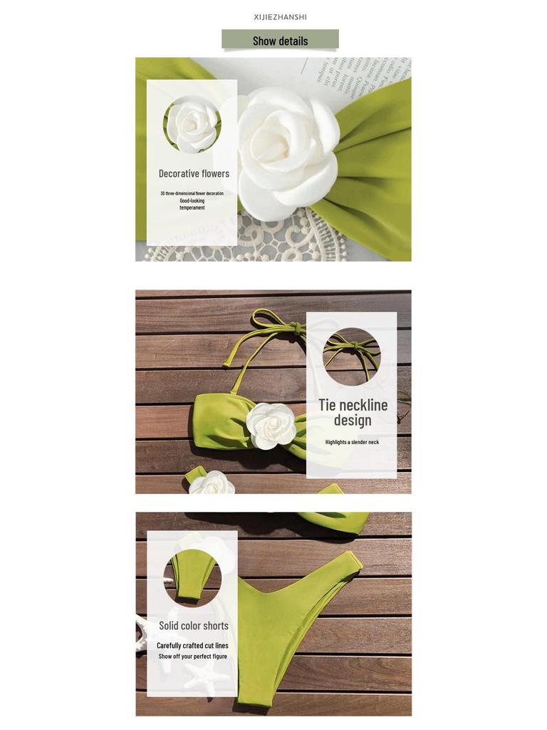 2024 Sexy Solid Color Halter Bandeau Two-Way Flower Bikini Swimsuit for Women