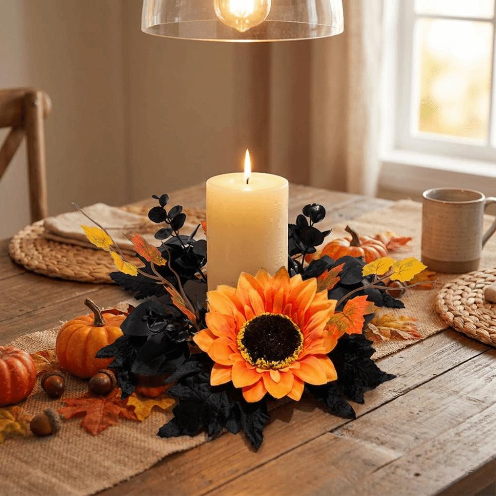 Halloween Theme Maple Leaf Candle Holder Wreath Handmade Pillar Ring Wreath Fireplace Decoration