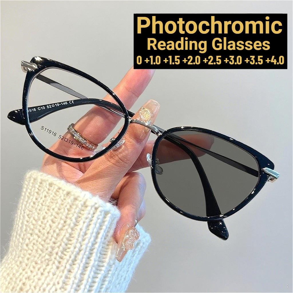 Fashion Cat Eye Pochromic Reading Glasses for Women Outdoor Color Changing UV Protection Sunglasses Far Sight Eyeglasses