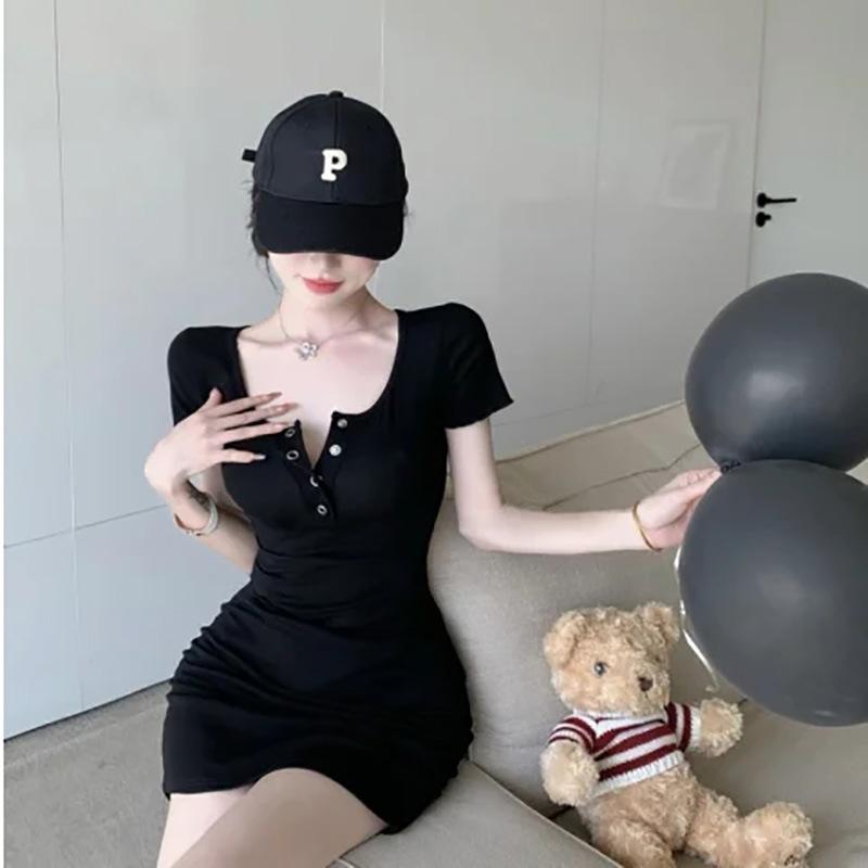 Black Dress Women's New Slim Fit and Thin Small Temperament Short Sleeve Hip Skirt