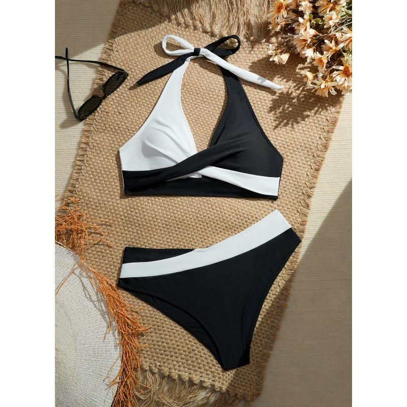 European and American New Swimwear Sexy Contrasting Bikini Two-piece Suit Cross Swimsuit Women's Small Fresh