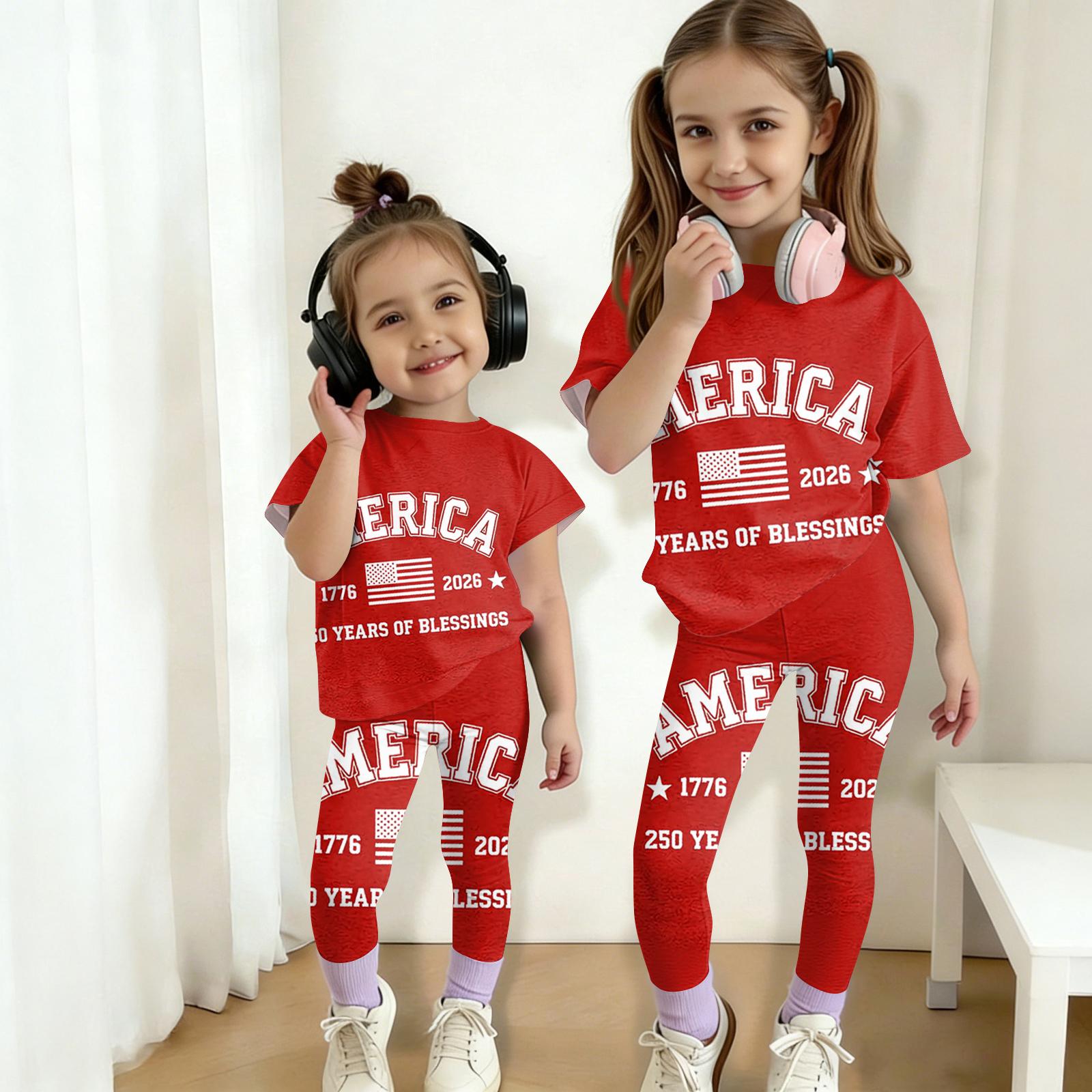 

Набор с принтом ко Дню Независимости для мальчиков и девочек Детский повседневный комплект: топ с коротким рукавом и длинные брюки 110