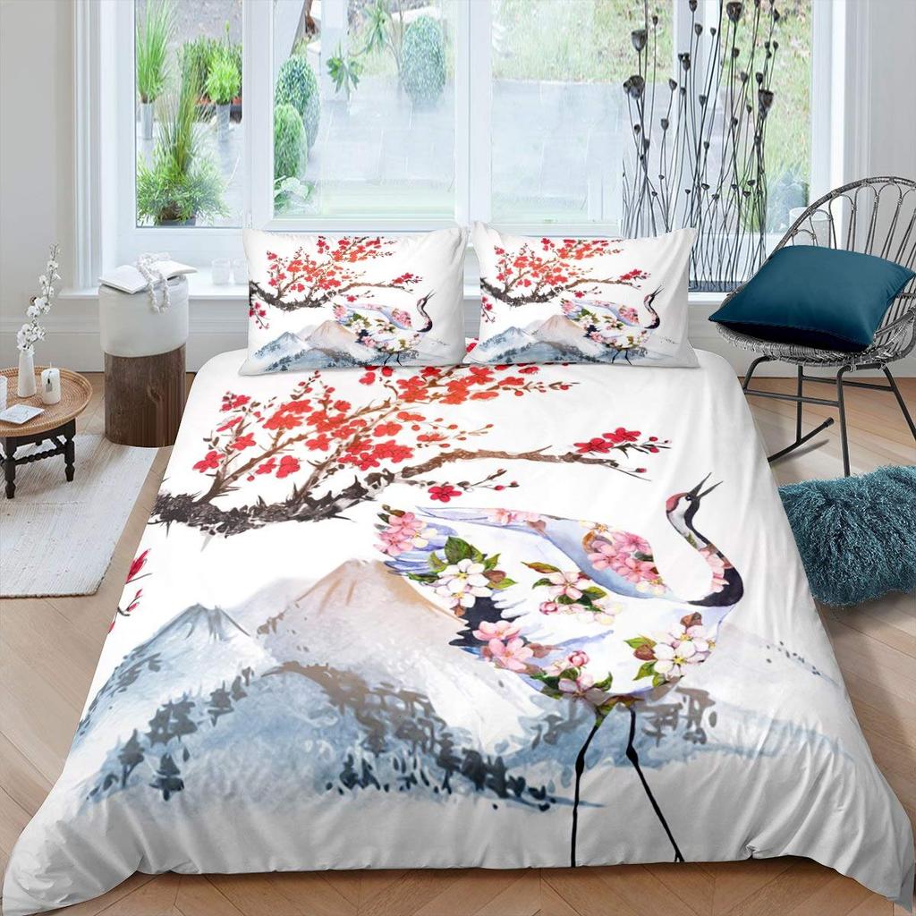 Comforter Crane Queen Size Japanese-Style Bedding Set Cherry Blossoms Pattern Women Girls Japanese Traditional