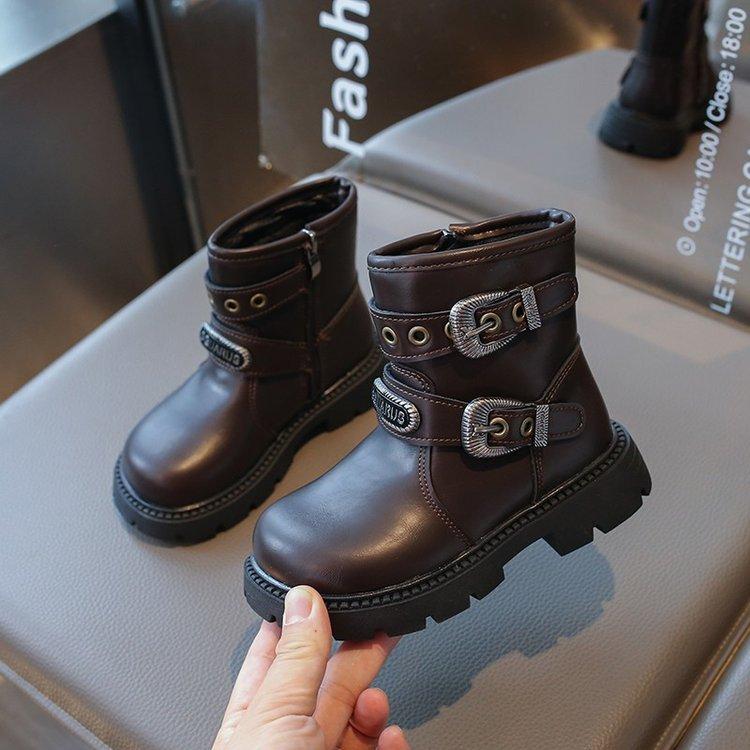 

Детские кожаные ботинки, новые, зарубежные, модные, для девочек, ботинки Martin, британский стиль, модные ботинки для девочек с боковой молнией 26 коричневый