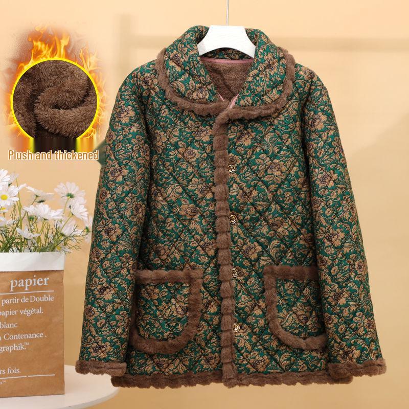 Jaqueta de Algodão Quente com Lapela Floral de Novo Estilo 2025 com Forro de Veludo para Mulheres de Meia-Idade e Idosas, Roupa Exterior Solta e Grossa para Outono e Inverno