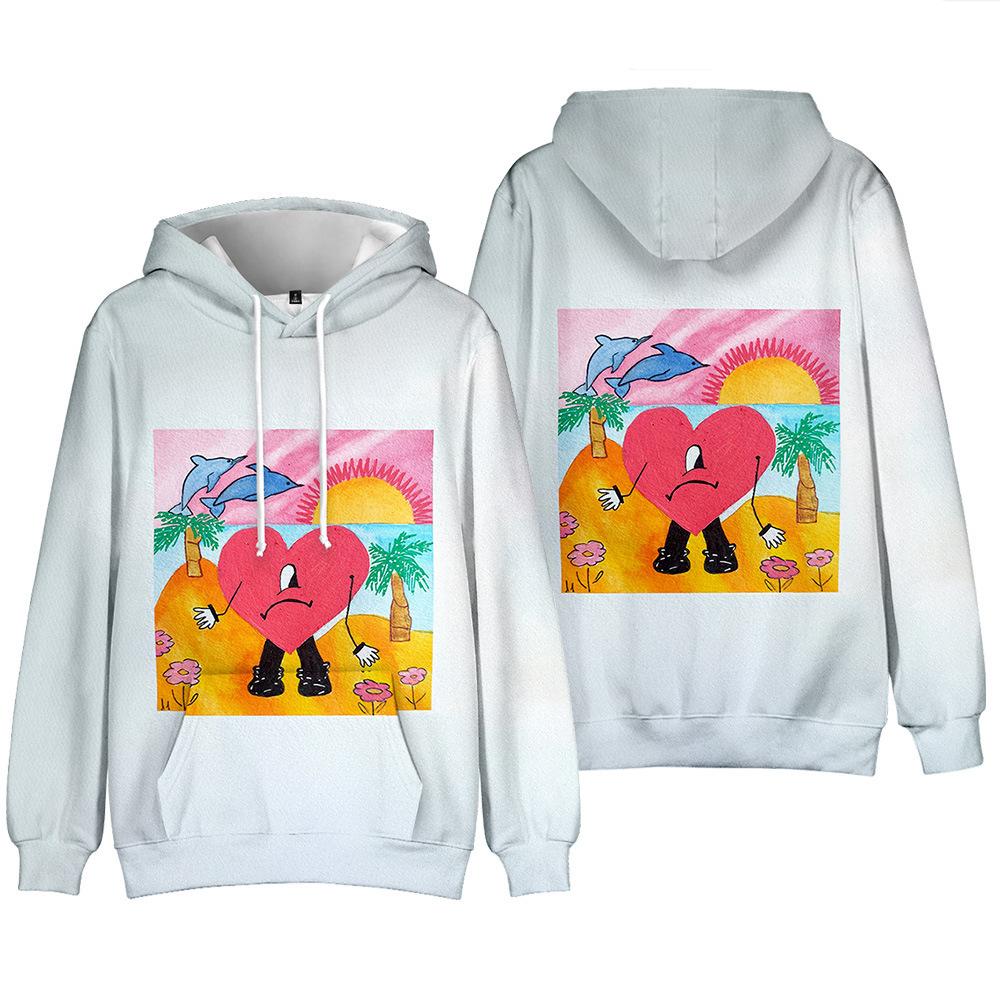Pullover Hoodie Unisex Beach Sunset Sad Red Heart Cartoon Front Back Print Bad Bunny Un Verano Sin Ti Graphic Streetwear Sweatshirt For Men Women
