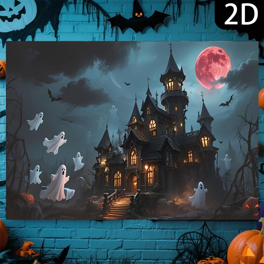 One Halloween party banner - Design featuring a haunted castle ghosts and a blood moonzyc