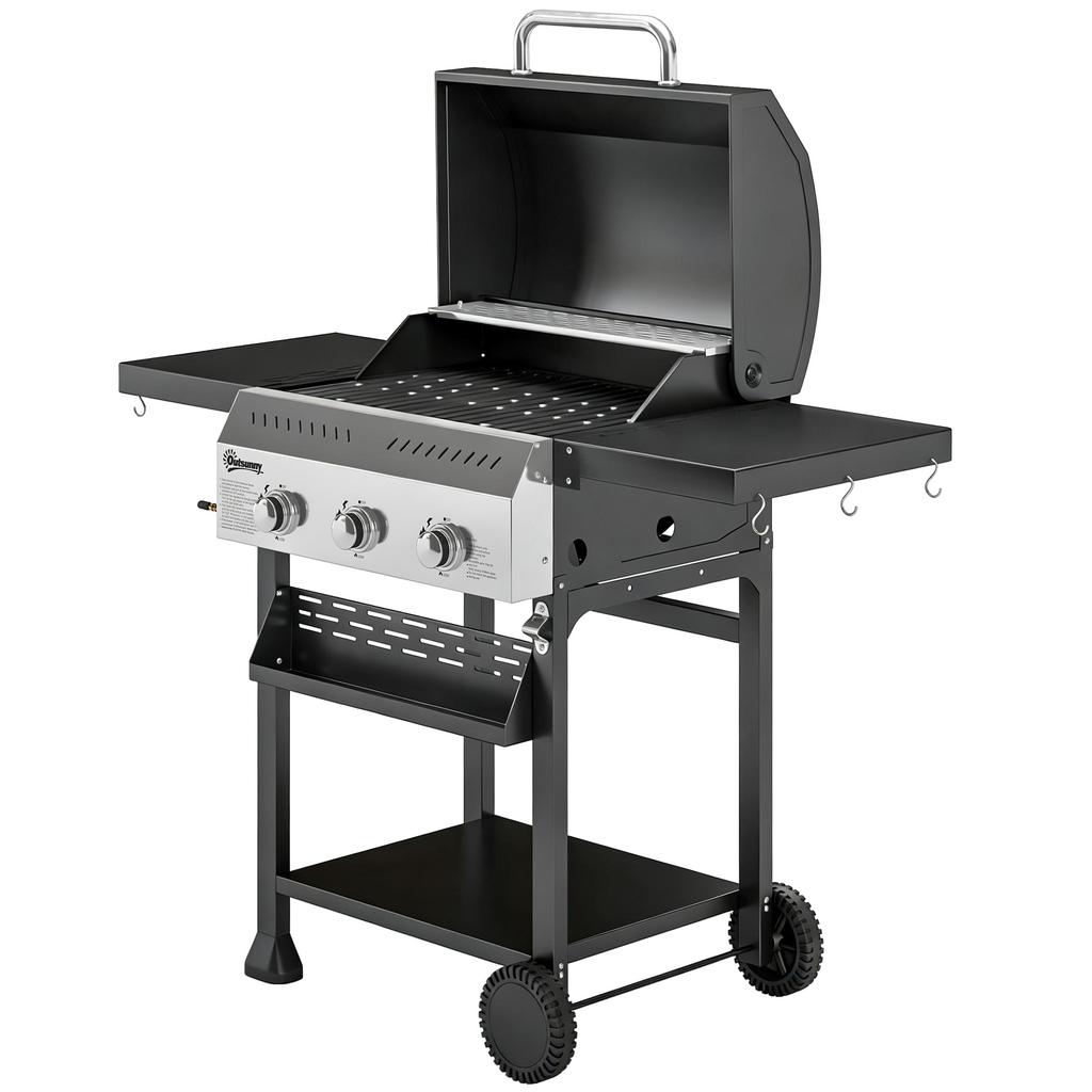 Gasgrill 9 KW 3 Brændere BBQ Grillvogn Rustfrit Stål inkl.. Sammenklappeligt sidebord Krydderistativ Nedre hylde 6 kroge