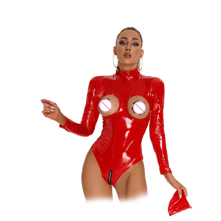 Sexy Open Cup Bust High Cut Bodysuit Pvc Latex Elastic Sexy Tight Hollow Out Clubwear Dance Leotard Wetlook Open Crotch