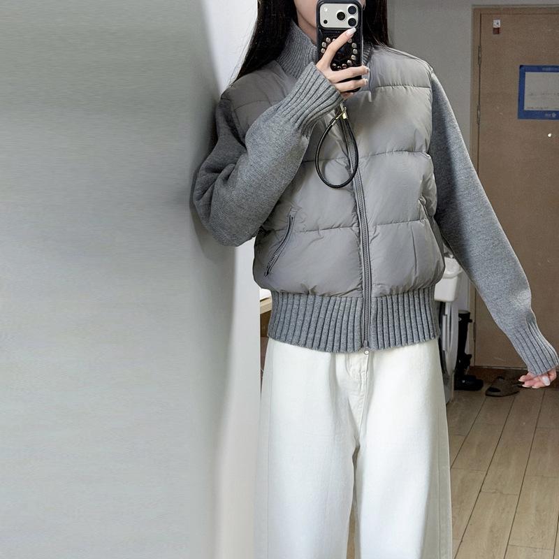 Women's Multi Color Knit Patchwork Puffer Jacket Casual Stand Collar Cotton Padded Coat