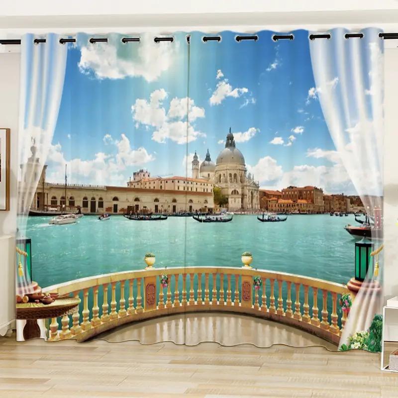 2Panel Blue Sea Curtain Sea Window View Printed Curtain for Bedroom Living Room Floor-to-ceiling Window Kitchen Small Size Drape