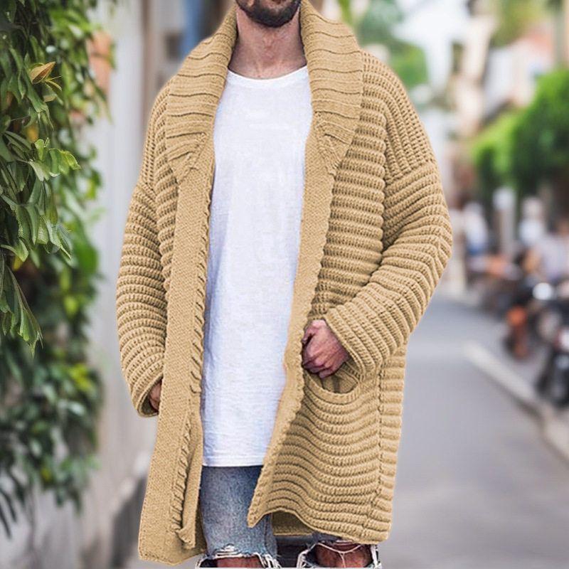 

Amazon Autumn and Winter Men s Clothing Fashion Mid-Length Cardigan sweater Lapel Long sleeve Men s Woolen Outerwear Sy0038 Kakh 3XL