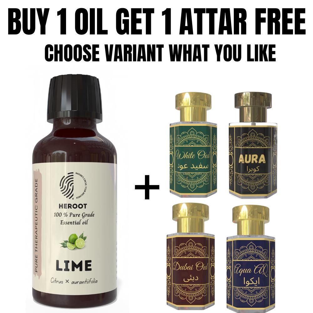 Lime Essential Oil 10ml for Aromatherapy & Home Fragrance Get 1 Free 6 Ml Attar – Aqua AQ, Dubai Oud, Aura, White Oud