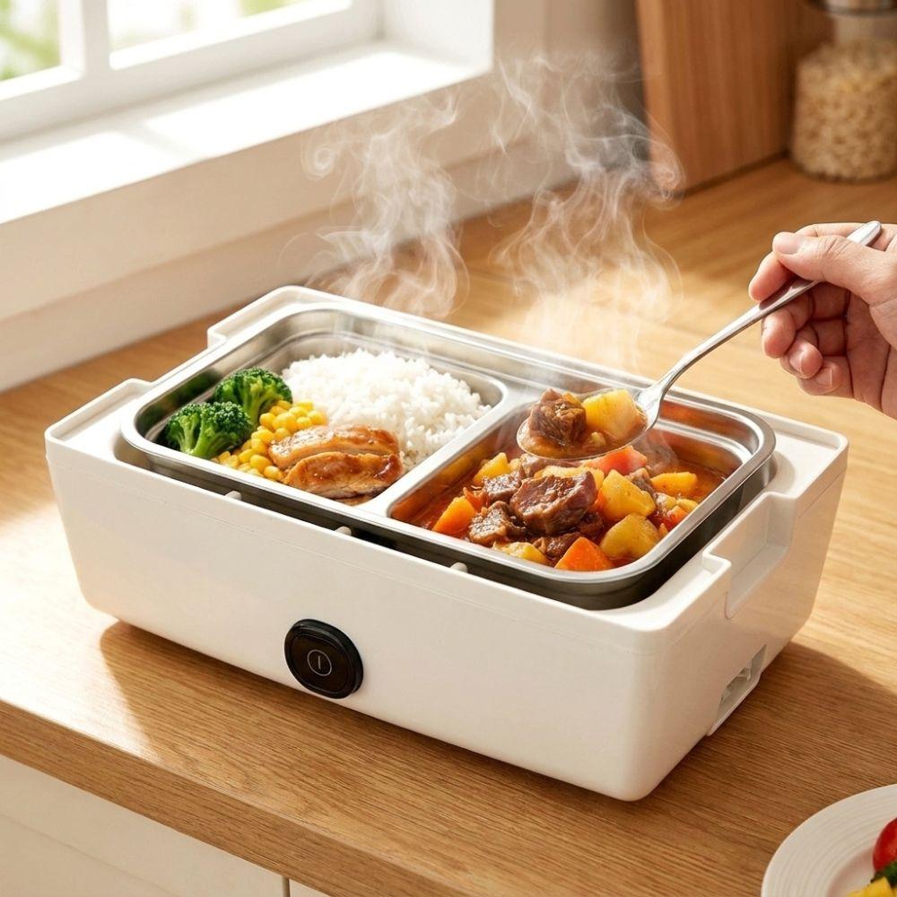 Tragbarer Reiskocher aus Edelstahl, selbstheizend, elektrische Heizbox, Speisenwärmer für Outdoor-Reisen
