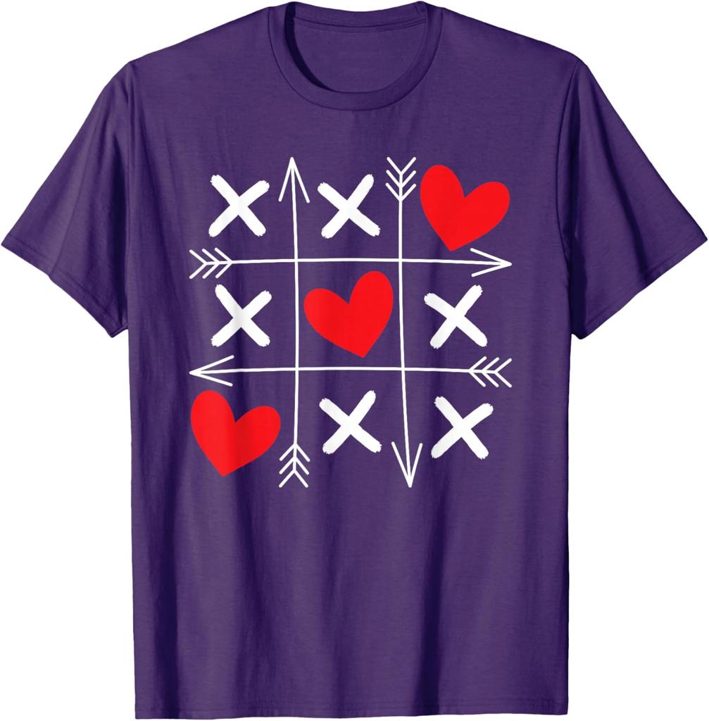Tic Tac Toe Heart Arrows Valentine Day Graphic Tee Soft Cotton Casual T-Shirt for Men and Women