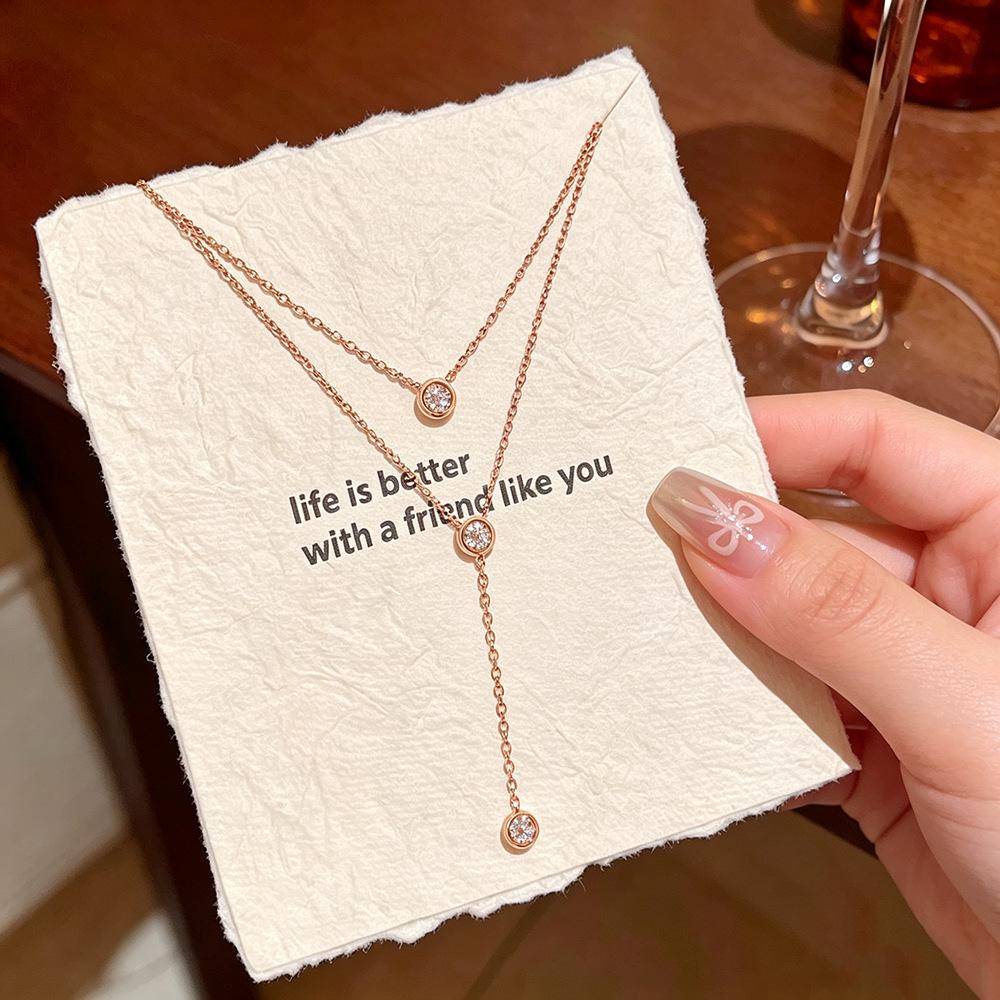 Elegant Minimalist Double-Layer Diamond Tassel Necklace – High-End Titanium Steel Clavicle Chain for Women