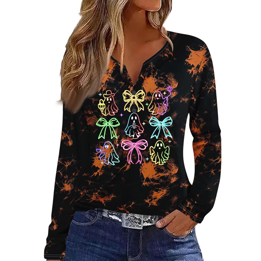 Women's Casual Halloween Print V-Neck Long Sleeve T-Shirt with Decorative Buttons