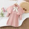 2025 New Autumn Korean Style Cape Knit Dress 2 Piece for Kids Clothing Set Bowknot Long Sleeve Dress Set