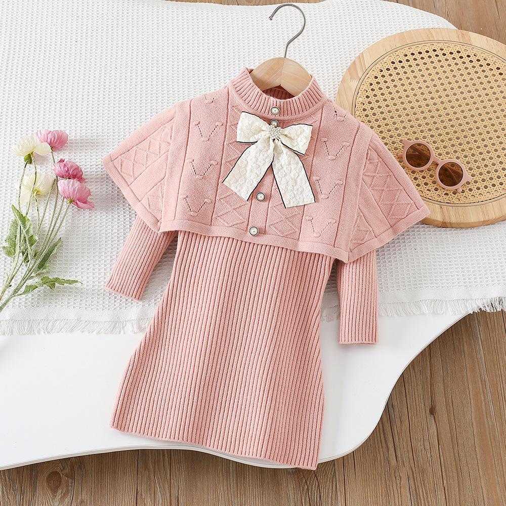 2025 New Autumn Korean Style Cape Knit Dress 2 Piece for Kids Clothing Set Bowknot Long Sleeve Dress Set