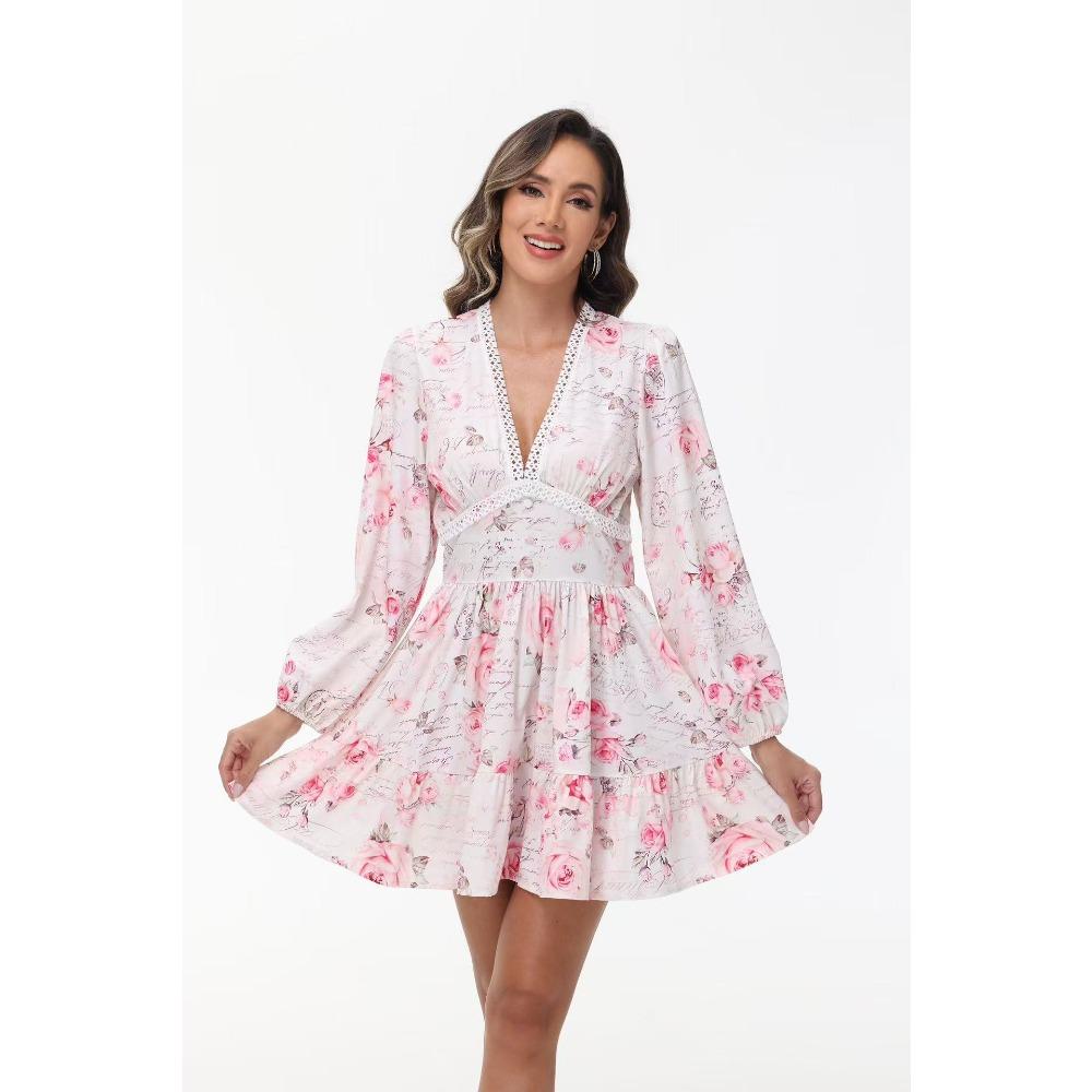 

Spring Women s Temperament Sweet Printed V-Neck Lace Short Dress XXXL