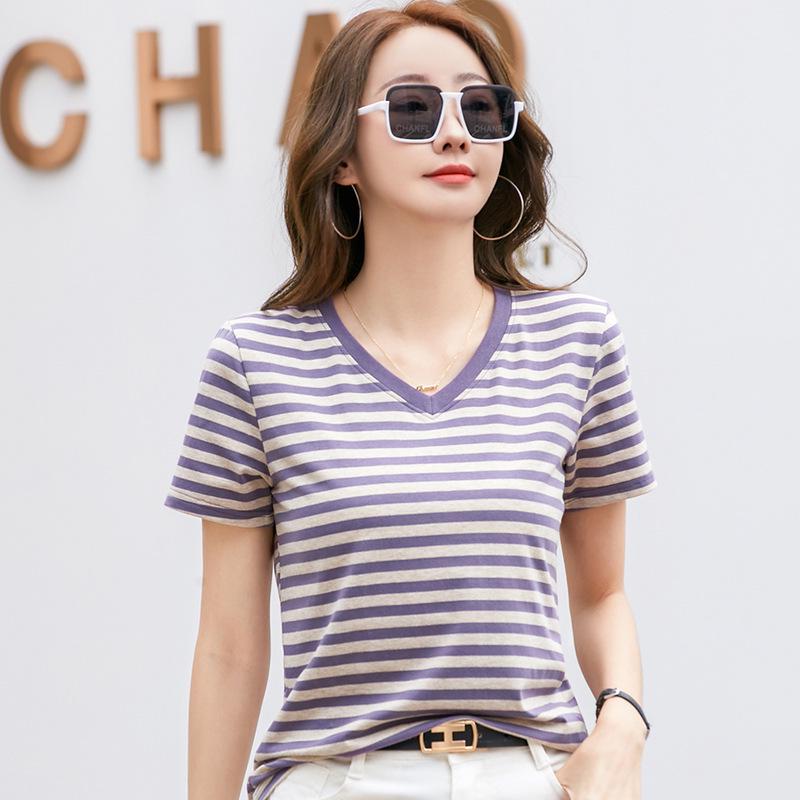 Striped Color Block V-Neck Retro Short Sleeve Women's Stylish Summer Top - New Arrival 