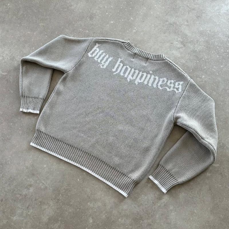 Y2K Grauer Langarmpullover Dollar Gothic Stickerei Pullover Goth Retro Casual Streetwear Old Money Herren Kastenförmige Strickbekleidung