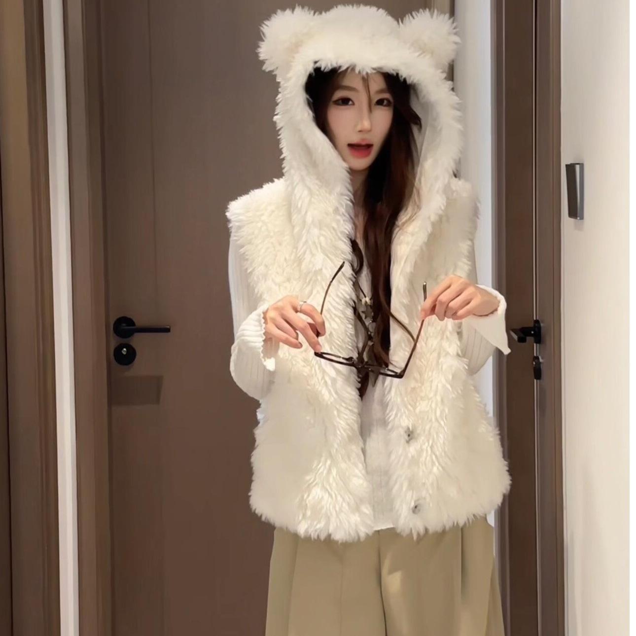 

Жилет из искусственной овчины с капюшоном и ушками медвежонка для женщин, толстый и теплый осенне-зимний жилет, экологичный мех XL белый